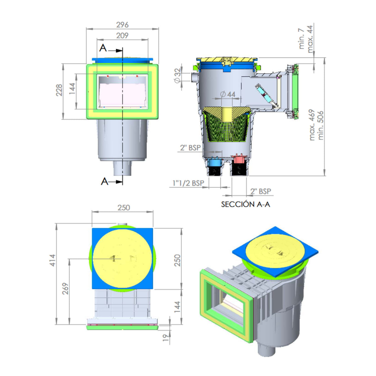 Skimmer encastrable avec ouverture d'aspiration standard - centre du couvercle : 265 mm