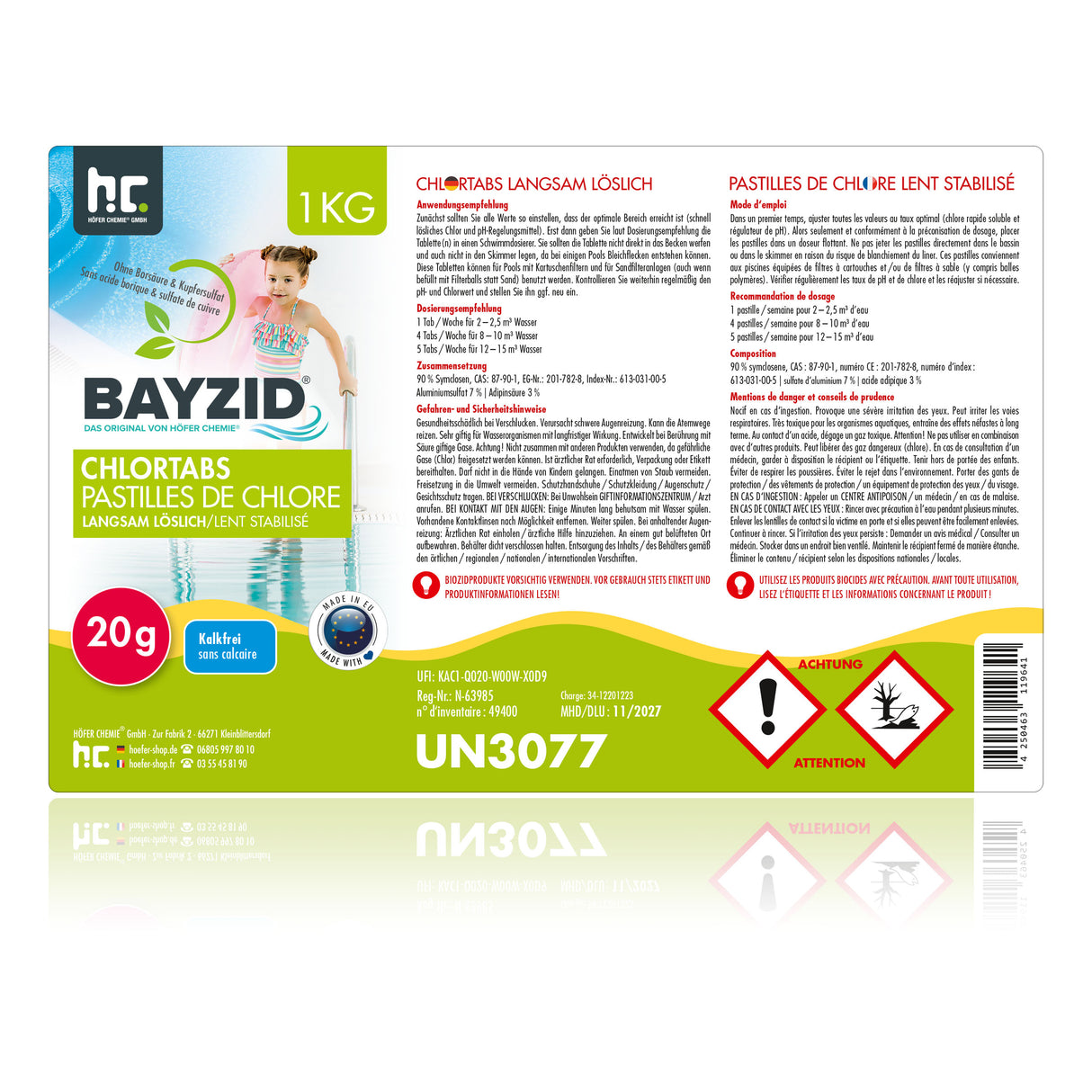 1 kg de tablettes de chlore BAYZID® 20g à dissolution lente