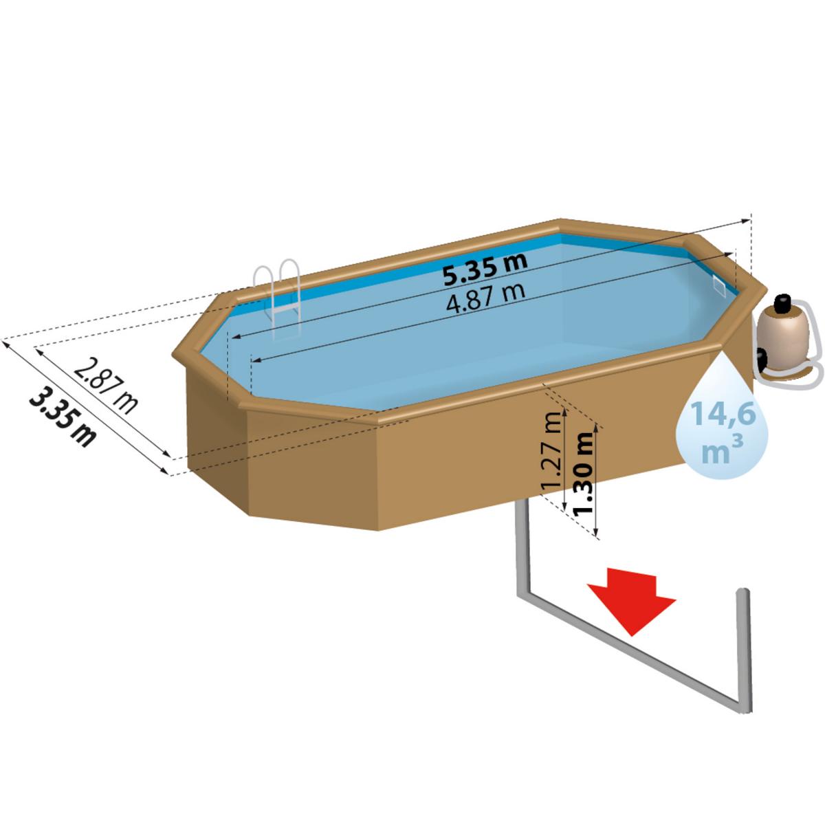Ensemble complet de piscine GRE en bois véritable bambou ovale 535 x 335 x 130 cm