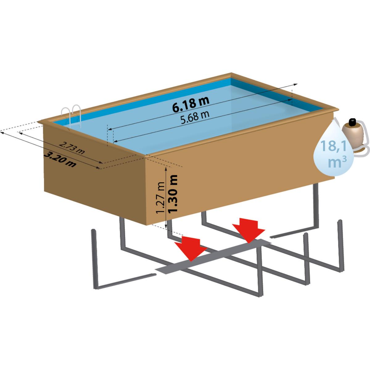 Ensemble complet de piscine GRE en bois véritable de manguier rectangle 618 x 320 x 130 cm