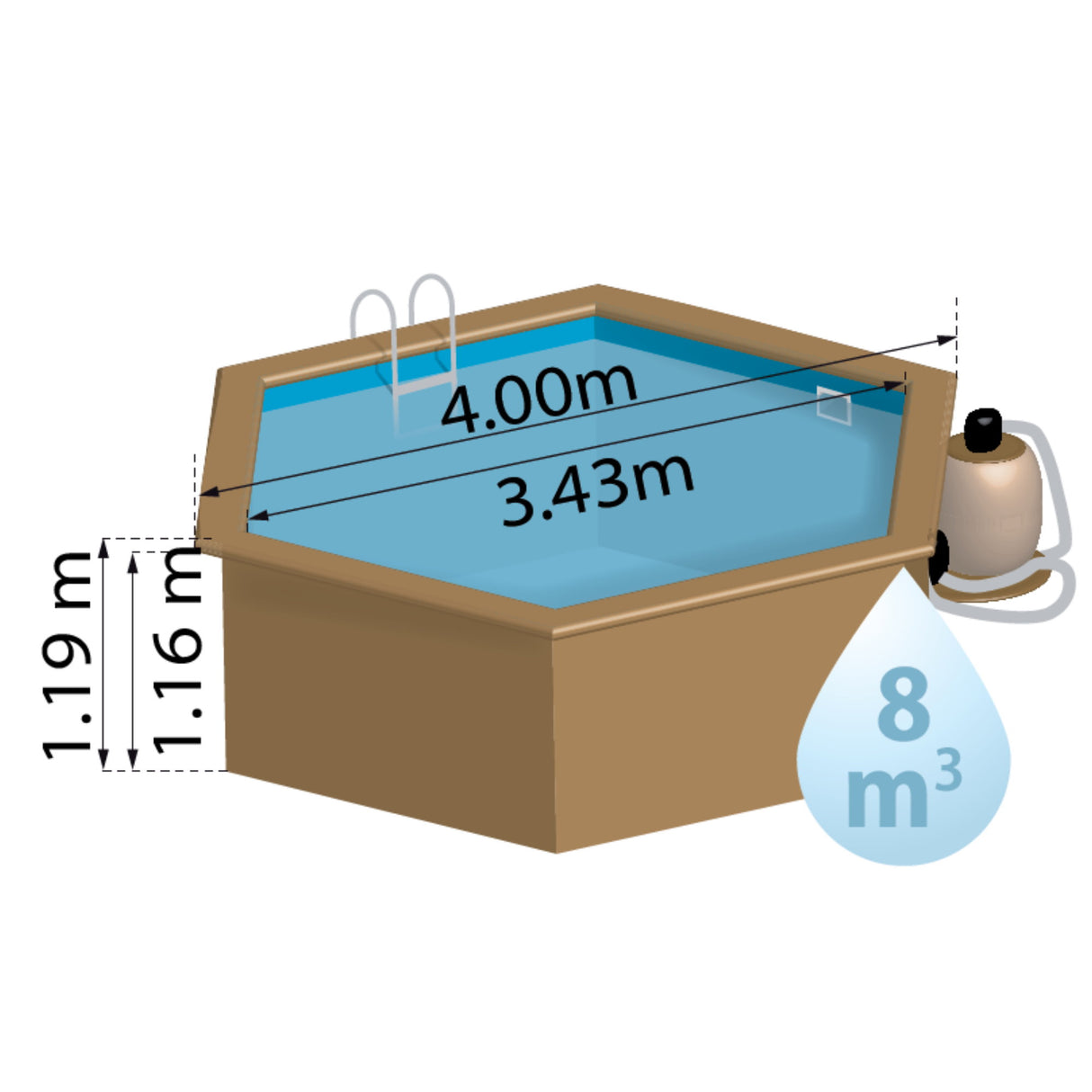 Ensemble complet de piscine GRE en bois véritable vanille 2 Ø 400 x 119 cm