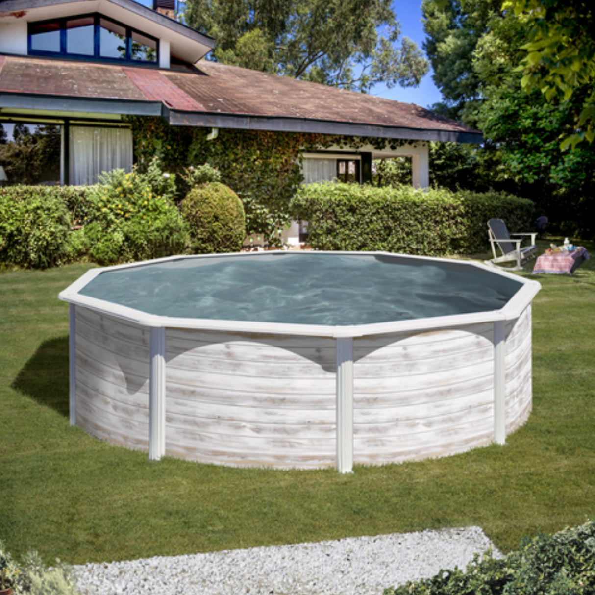 Ensemble piscine ronde GRE look nordique Finlande Ø 460 x 120 cm