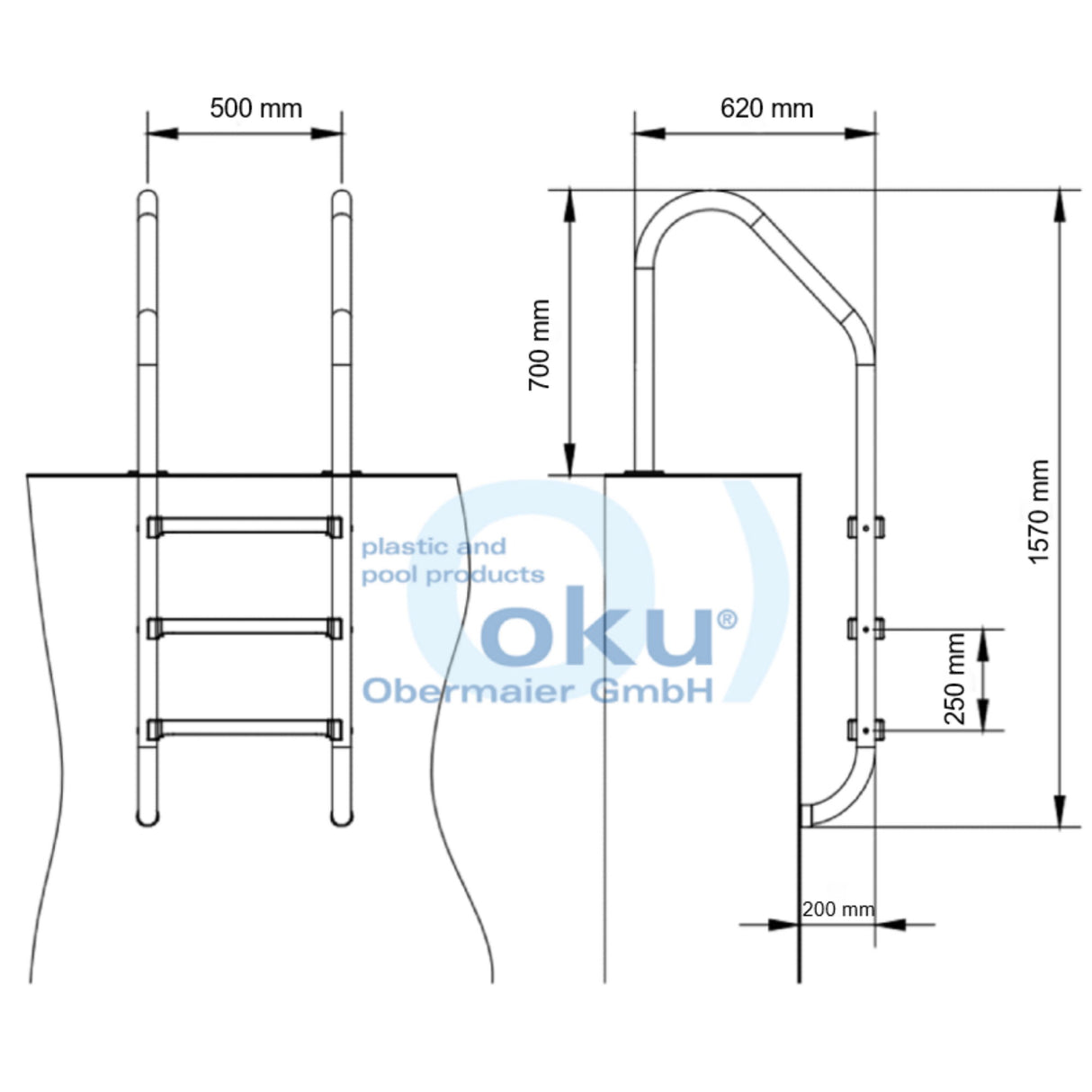 Einstiegsleiter BASIC weiter Holm 3-stufig V2A Edelstahl - B-Ware
