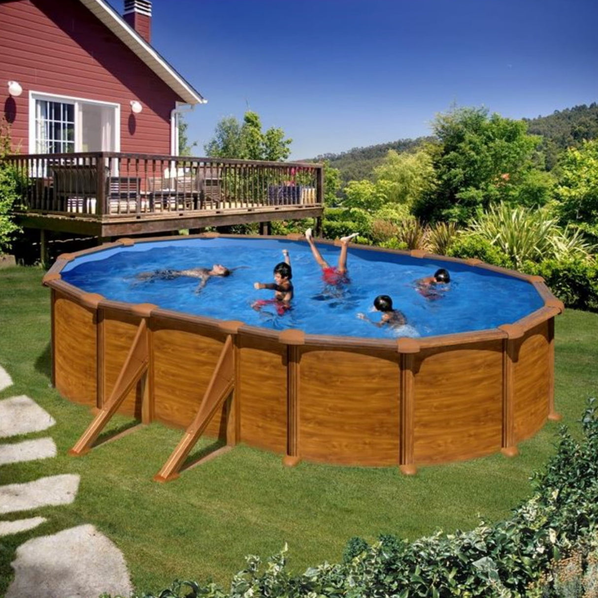 Ensemble piscine forme ovale GRE aspect bois Maurice 610 x 375 x 132 cm