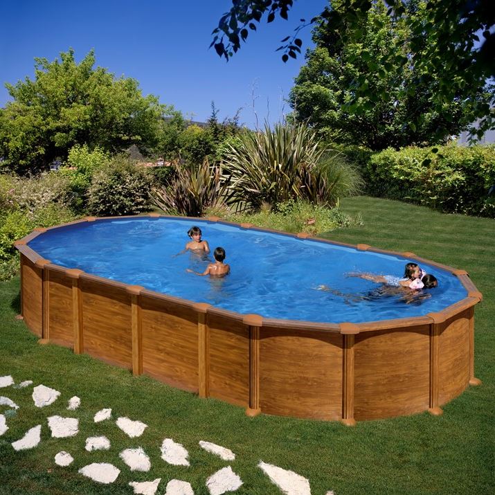 Ensemble piscine forme ovale GRE aspect bois Amazonia OMEGA 610 x 375 x 132 cm