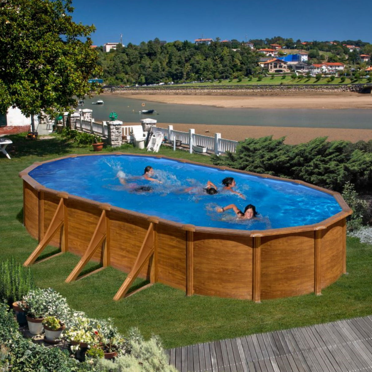 Ensemble piscine forme ovale GRE aspect bois Pacific 730 x 375 x 120 cm