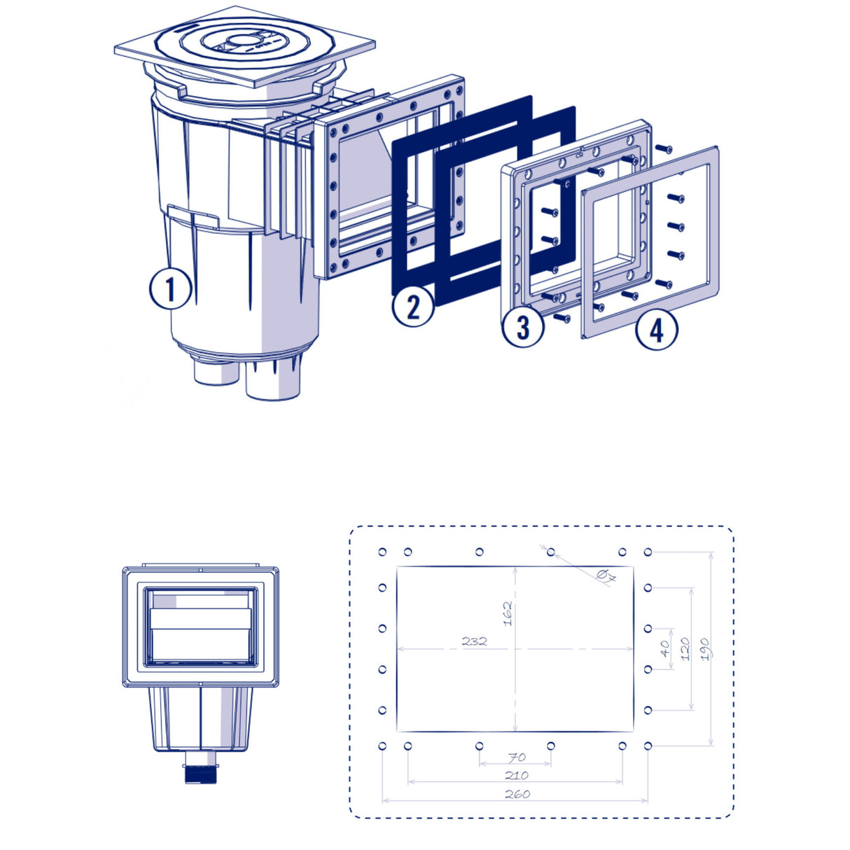 Skimmer encastrable avec ouverture d'aspiration standard - centre du couvercle : 265 mm
