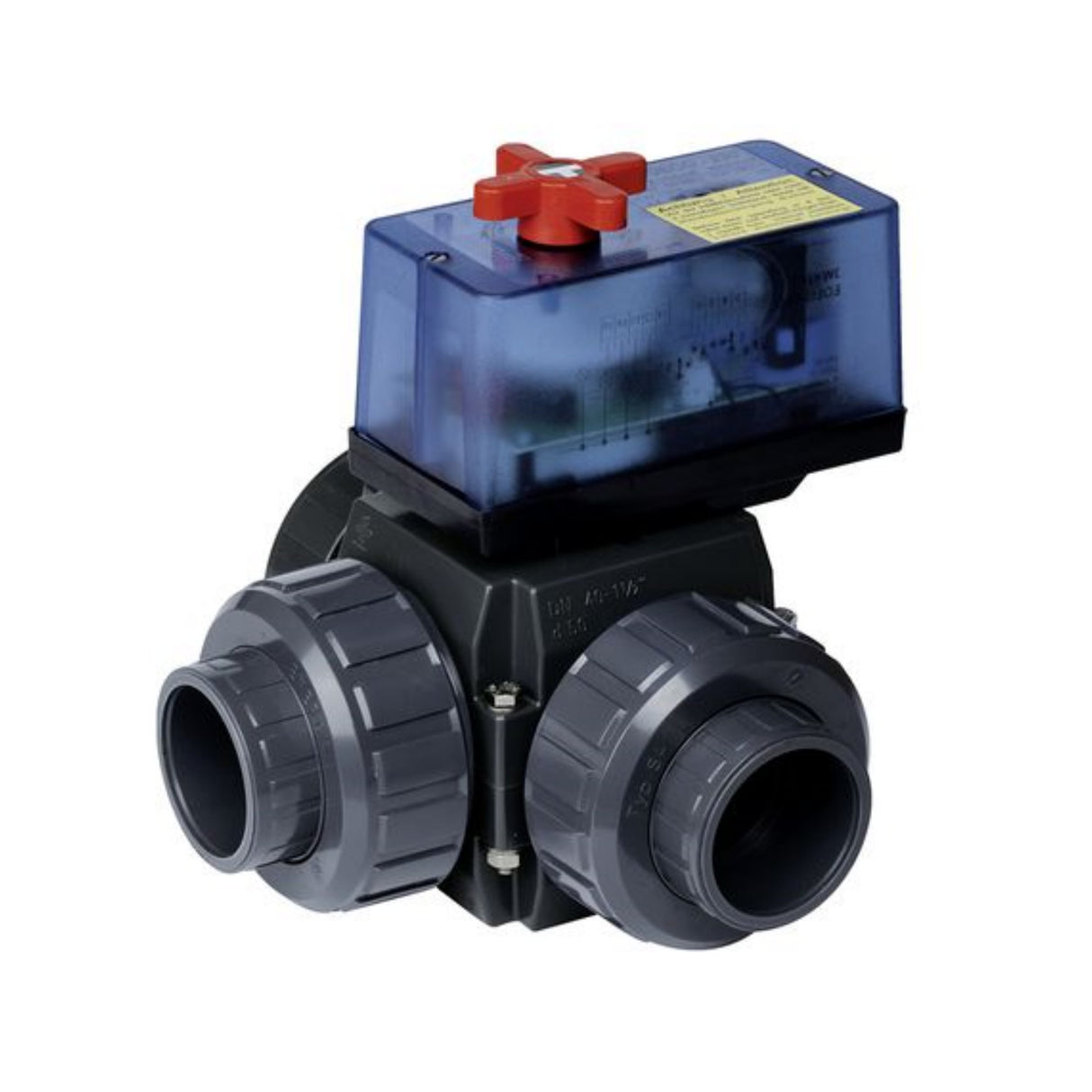 Vanne à boisseau sphérique moteur trois voies PVC 63mm avec électrique. Servomoteur