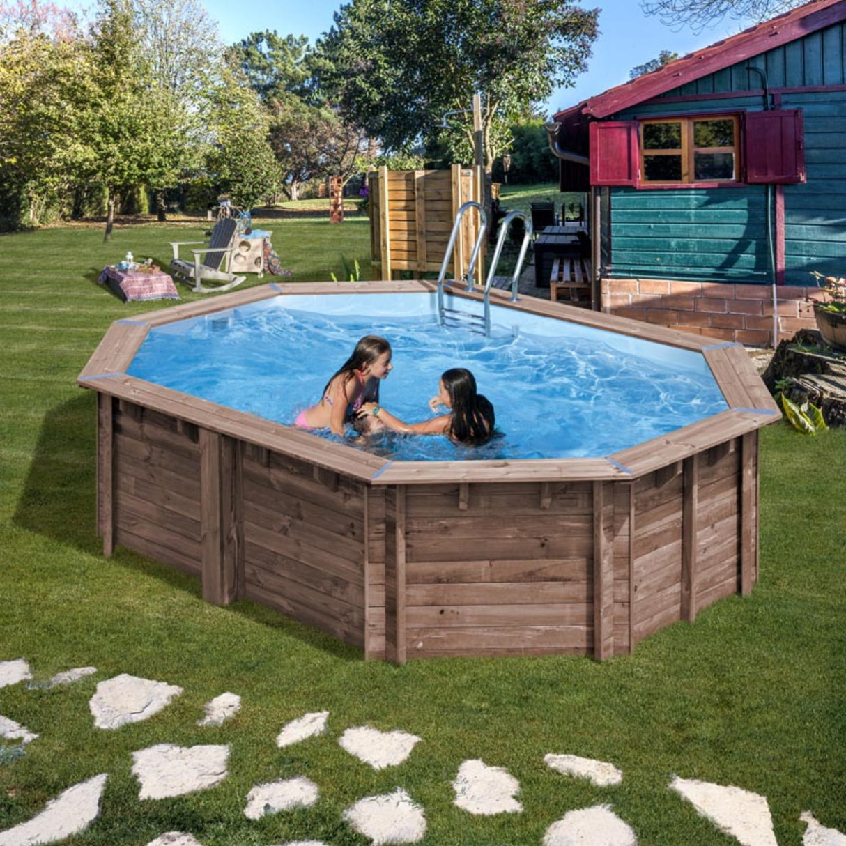 Ensemble complet de piscine GRE en bois véritable bambou ovale 535 x 335 x 130 cm