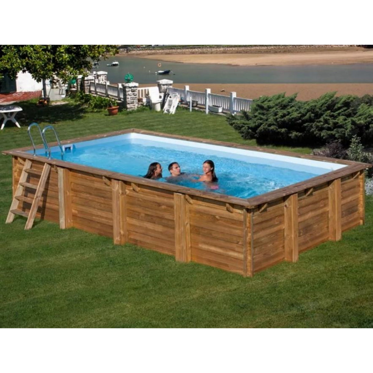 Ensemble complet de piscine GRE en bois véritable de manguier rectangle 618 x 320 x 130 cm