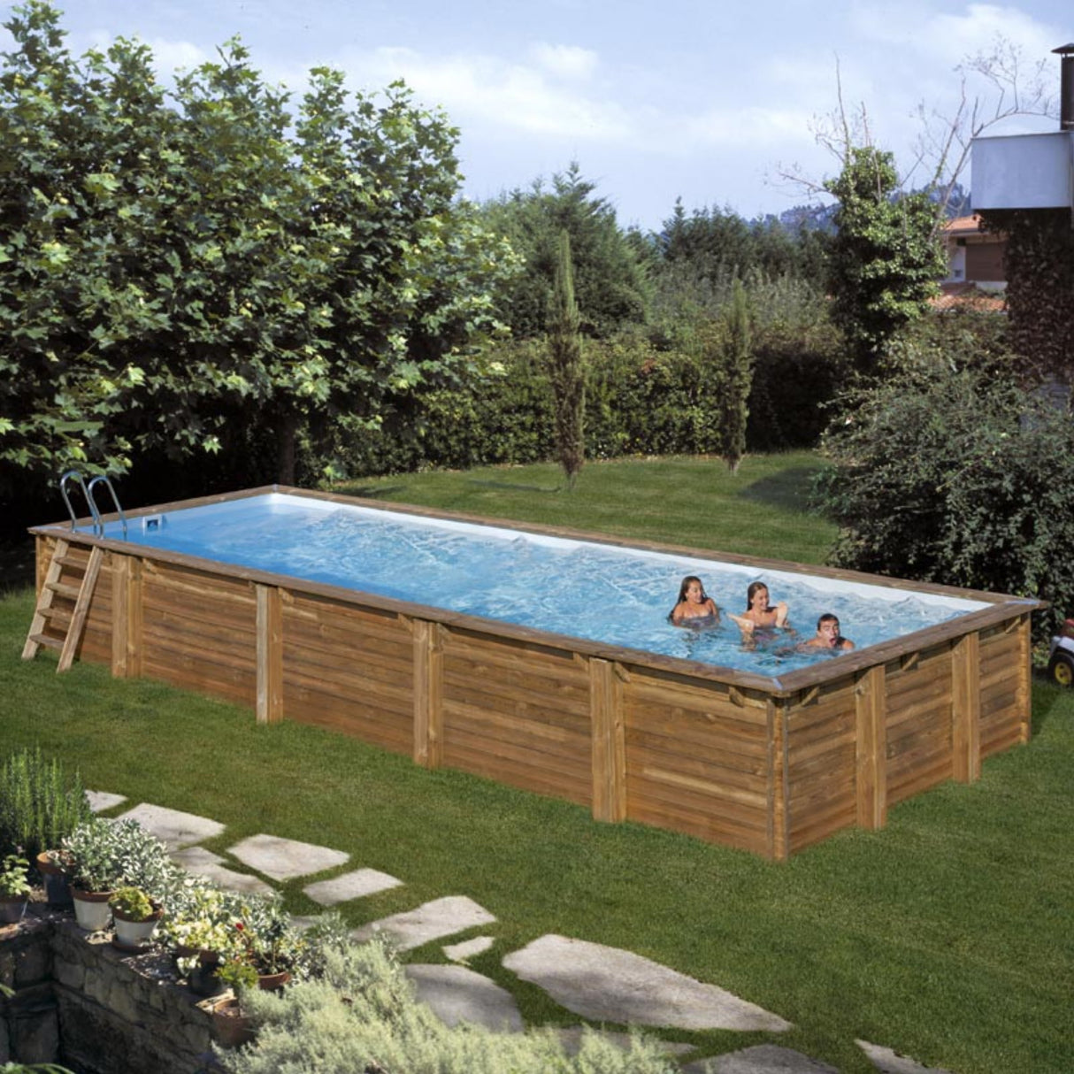 Ensemble complet de piscine GRE en bois véritable menthe rectangle 1010 x 418 x 146 cm