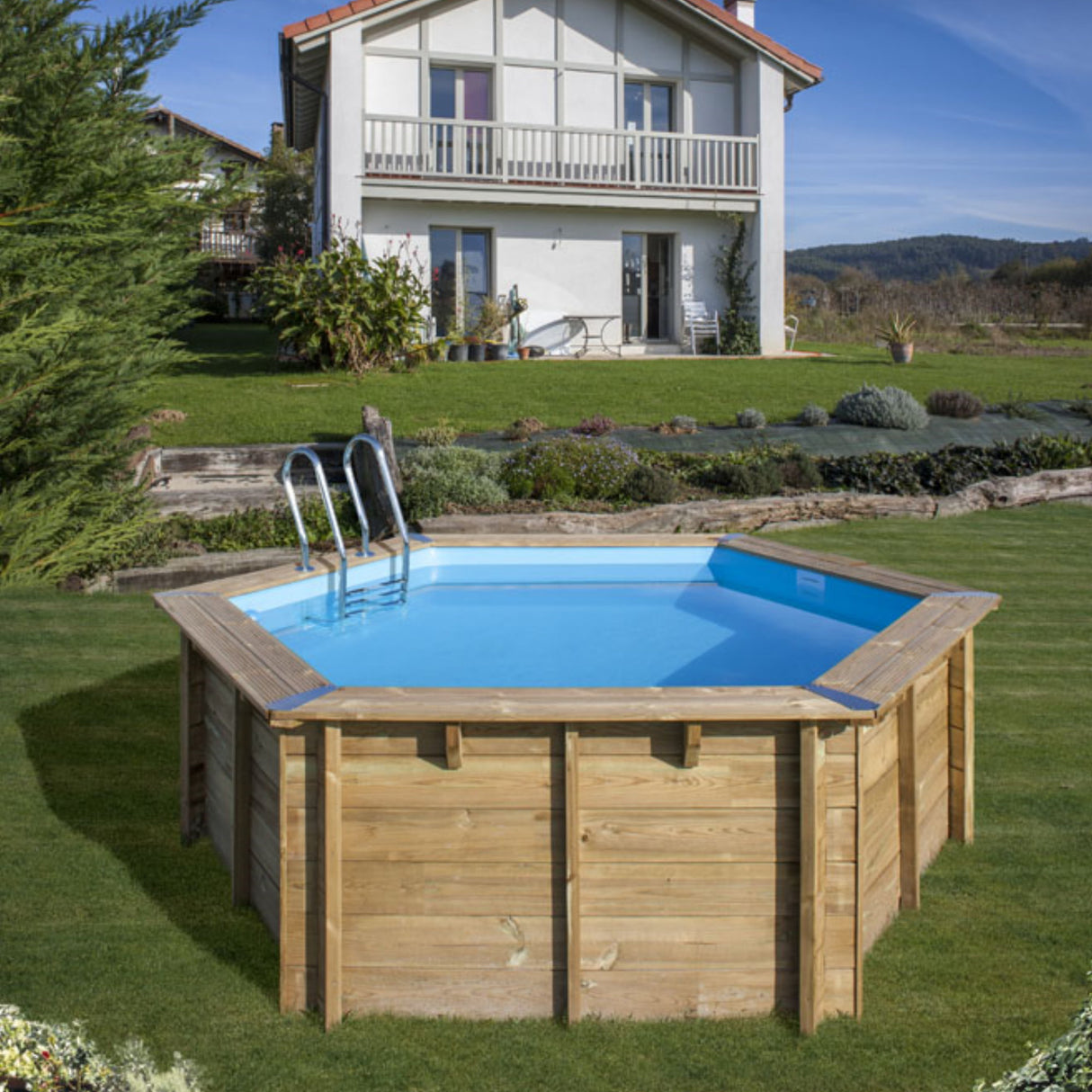 Ensemble complet de piscine GRE en bois véritable vanille 2 Ø 400 x 119 cm
