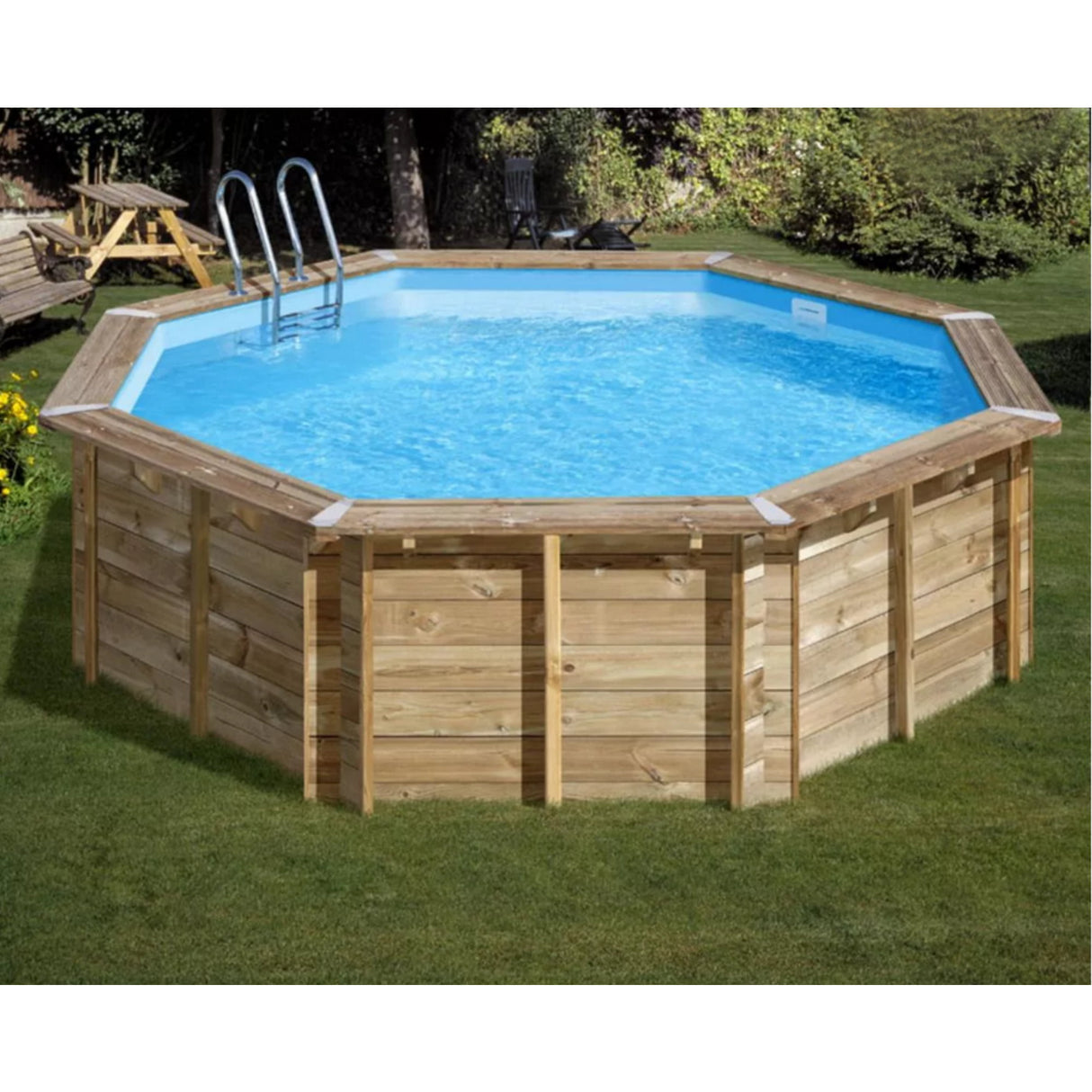 Ensemble complet de piscine GRE en bois véritable Vasto Ø 428 x 136 cm