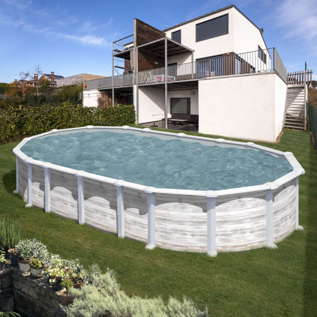 Ensemble piscine forme ovale GRE look nordique Islande OMEGA 730 x 375 x 132 cm