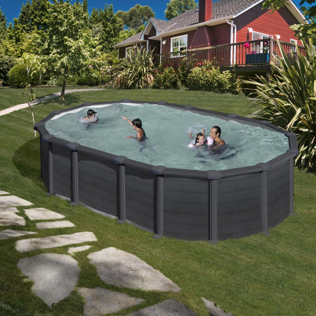 Ensemble piscine forme ovale GRE aspect graphite Capri OMEGA 610 x 375 x 132 cm