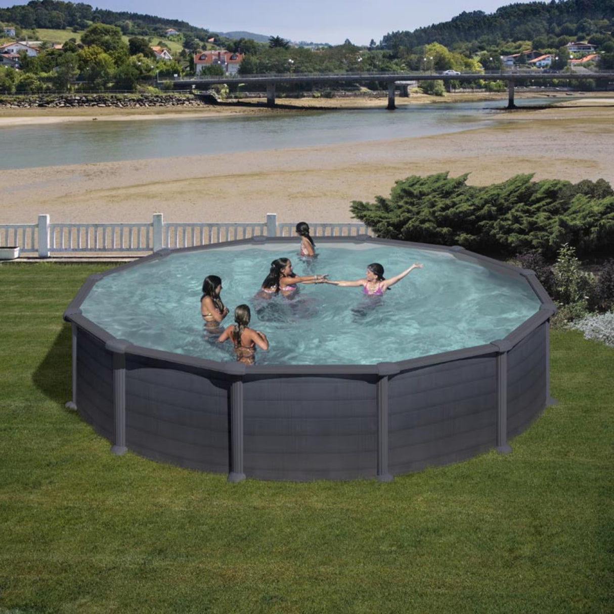 Ensemble piscine ronde GRE aspect graphite Granada Ø 550 x 132 cm
