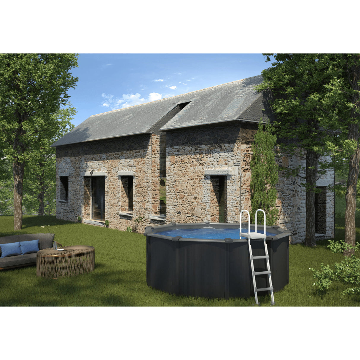 Ensemble piscine forme ovale GRE aspect graphite Capri OMEGA 610 x 375 x 132 cm