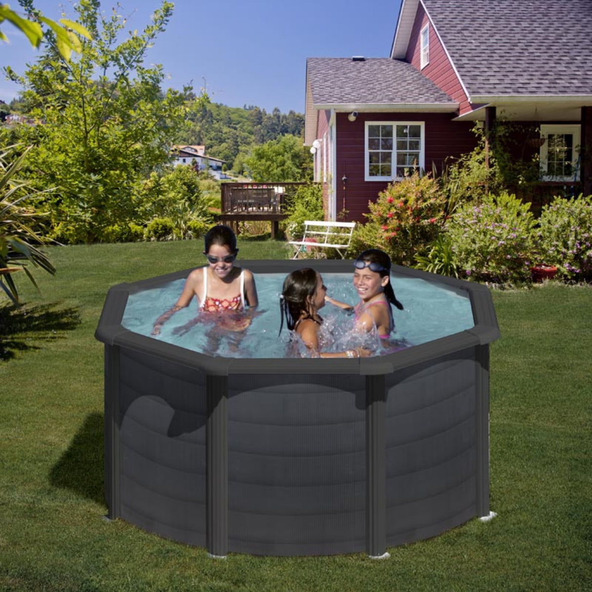 Ensemble piscine ronde GRE aspect graphite Kea Ø 240 x 120 cm
