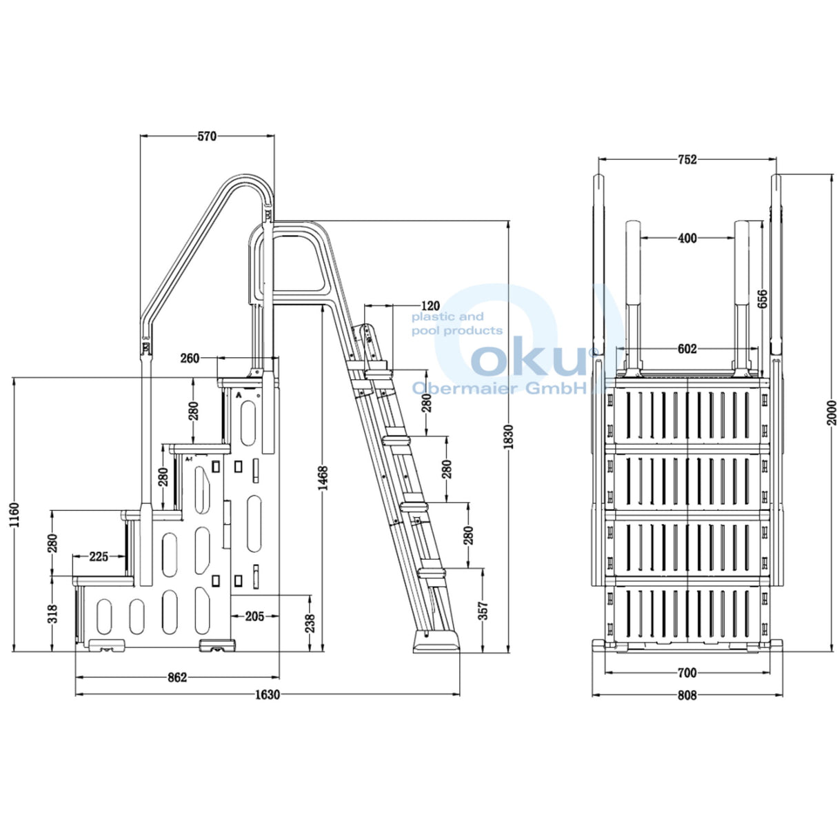 OKU Pooltreppe 4-Stufen Kunststoff mit 5-Stufen Leiter für Aufstellpools