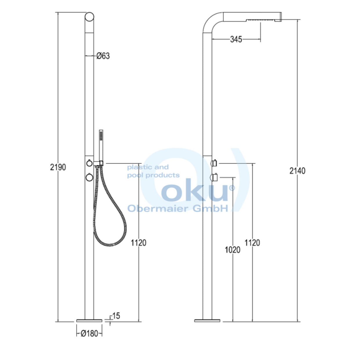 OKU Gartendusche Edelstahl V4A Flach mit Kopf- und Handbrause