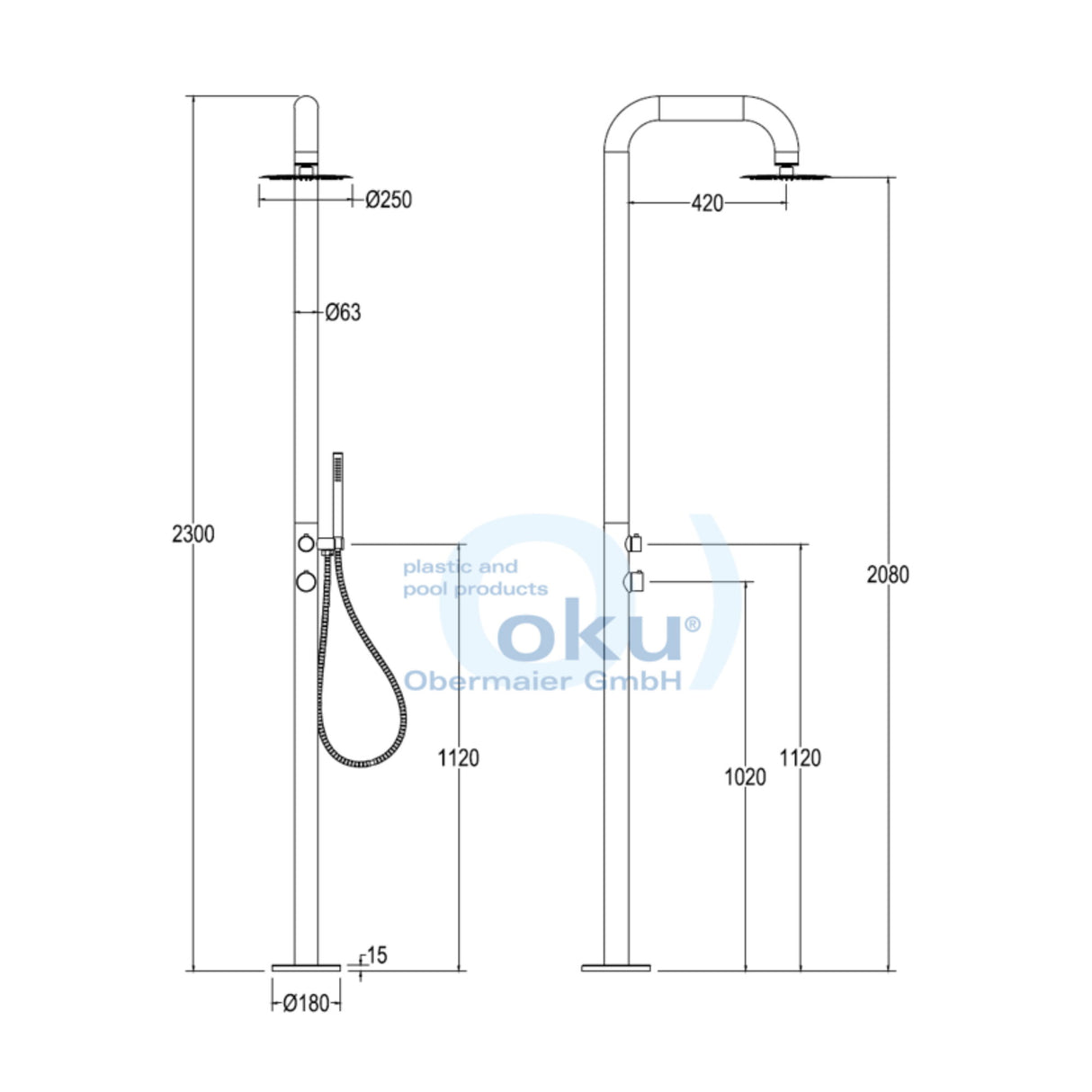 OKU Gartendusche Edelstahl V4A Gebogen mit Kopf- und Handbrause