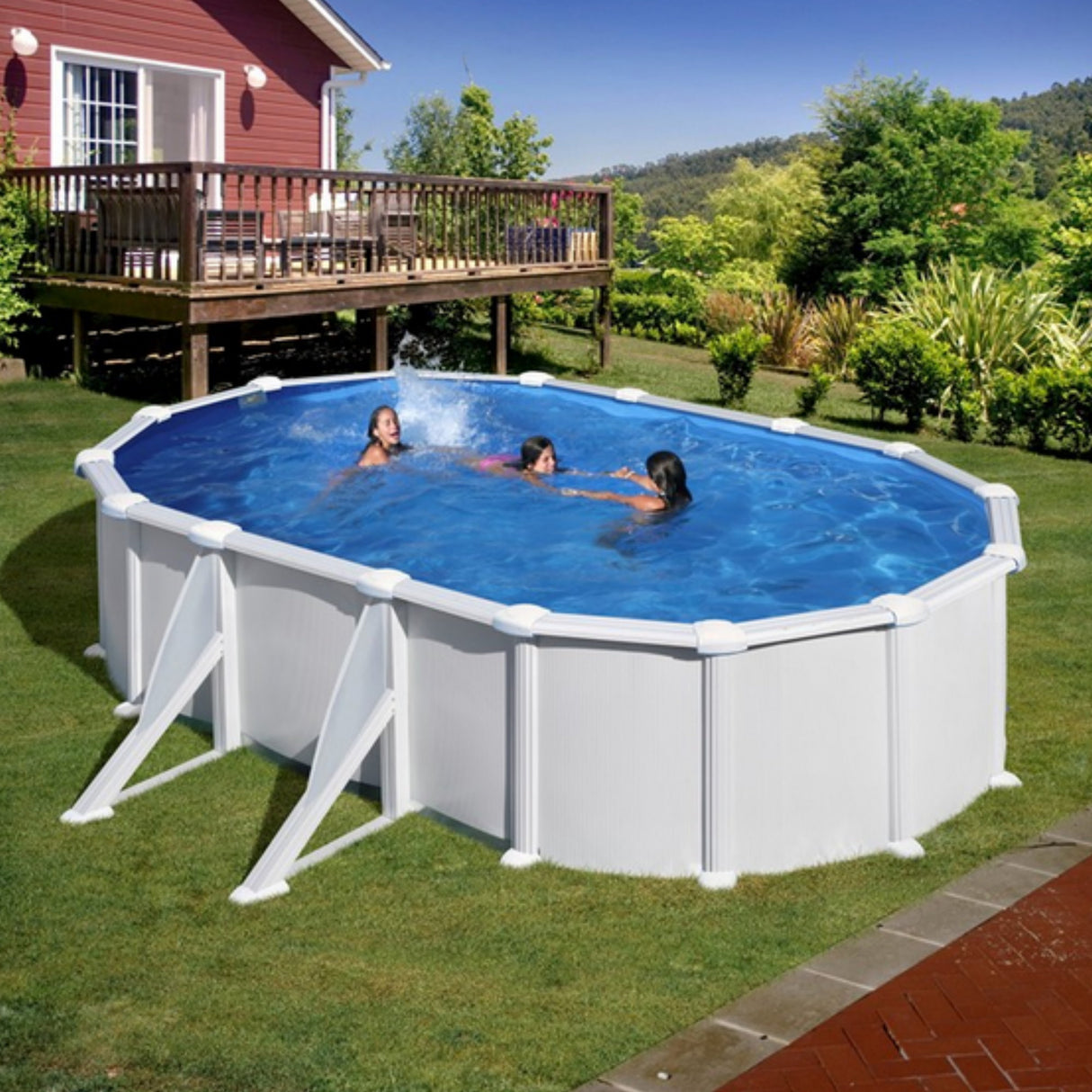 Ensemble piscine forme ovale GRE aspect acier Atlantis 500 x 300 x 132 cm