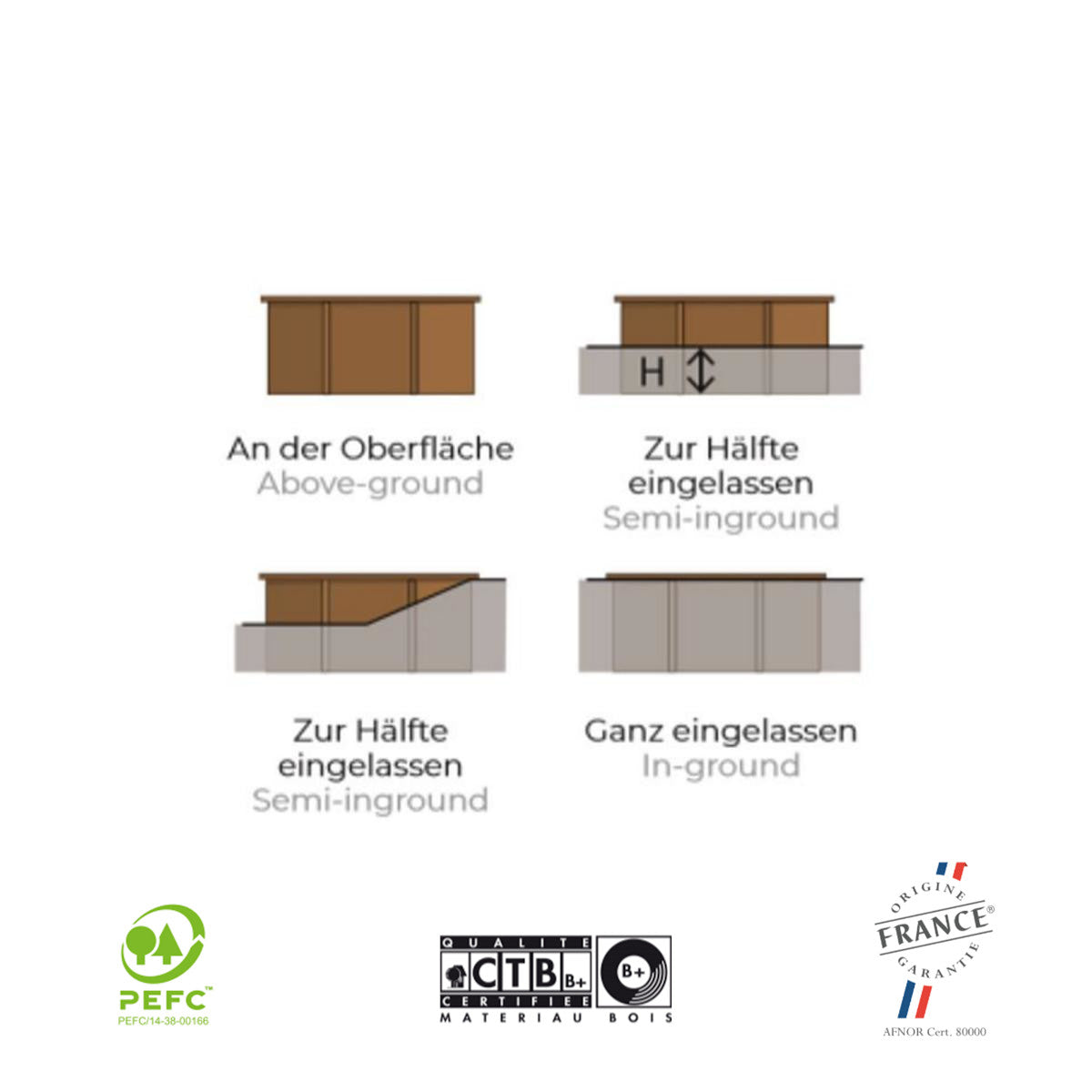 Ensemble complet de piscine GRE en bois véritable Braga rectangle 815 x 421 x 146 cm