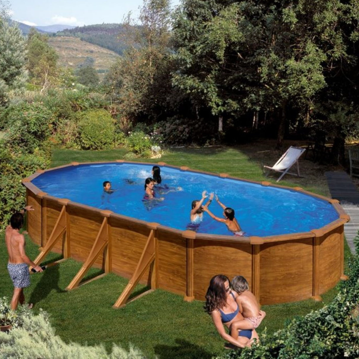 Ensemble piscine forme ovale GRE aspect bois Maurice 730 x 375 x 132 cm 