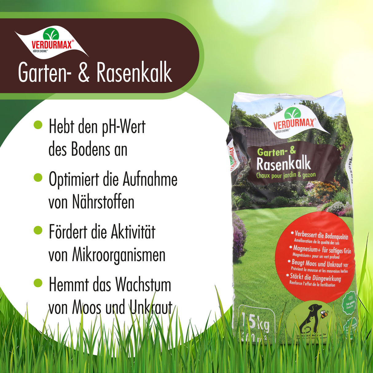 15 kg VERDURMAX® Chaux pour jardin et gazon 
