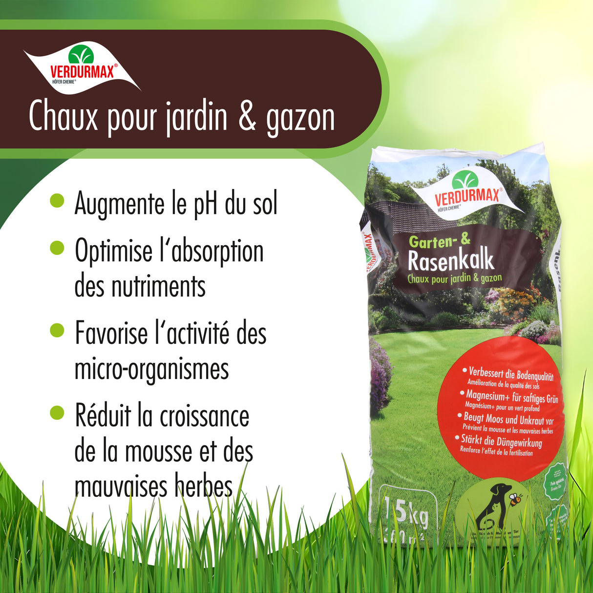 15 kg VERDURMAX® Chaux pour jardin et gazon 