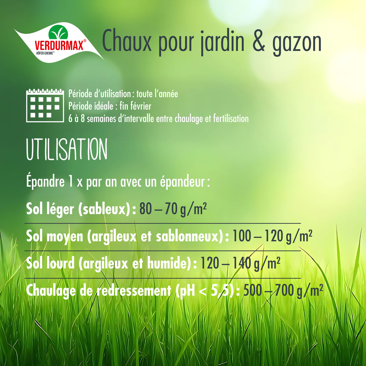 15 kg VERDURMAX® Chaux pour jardin et gazon 