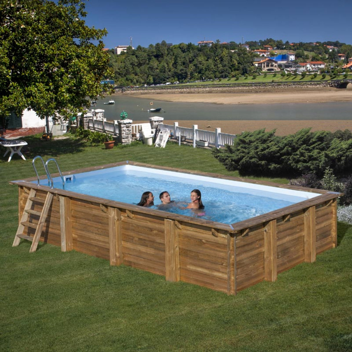 Ensemble complet de piscine GRE en bois véritable Evora rectangle 620 x 420 x 133 cm