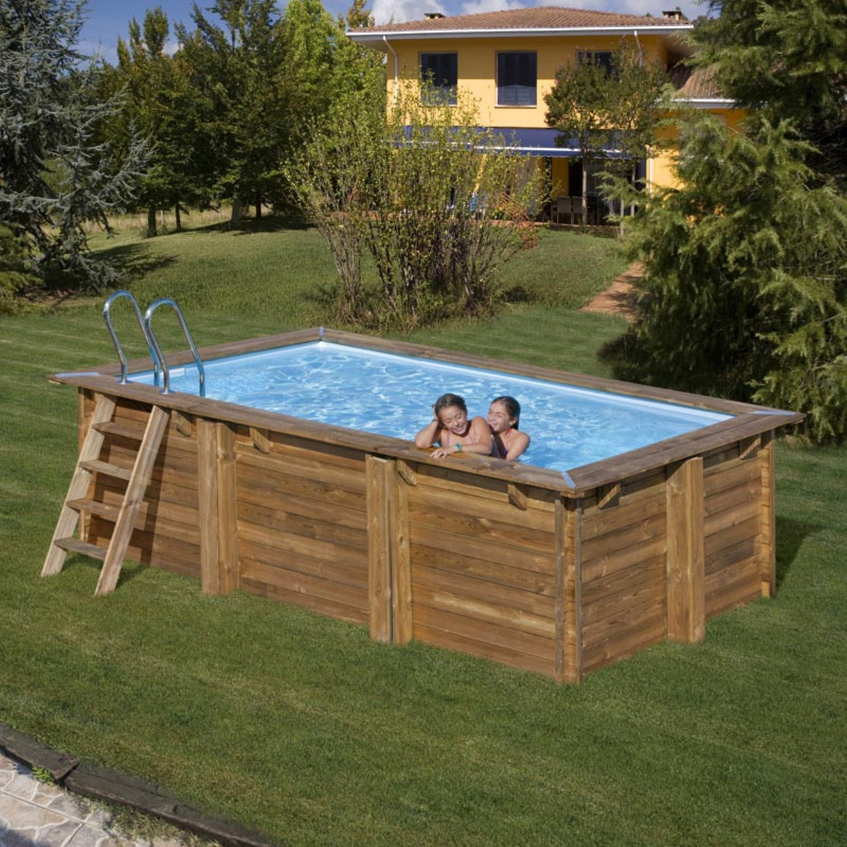 Ensemble complet de piscine GRE en bois véritable Marbella 2 rectangle 420 x 270 x 117 cm