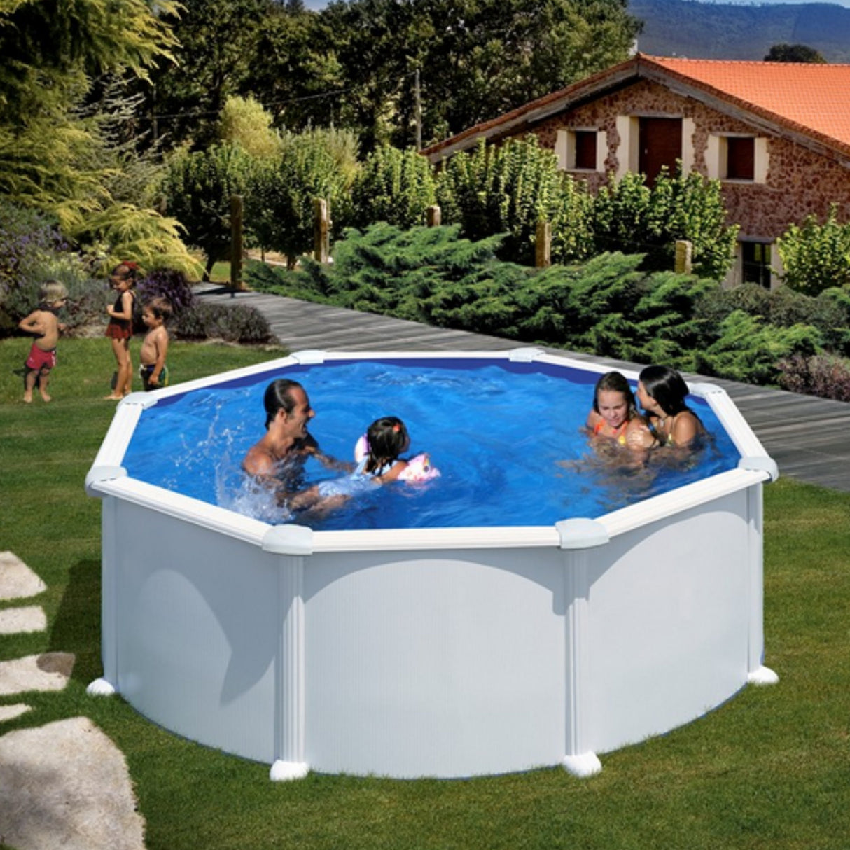 Ensemble piscine ronde GRE aspect acier Atlantis Ø 460 x 132 cm 