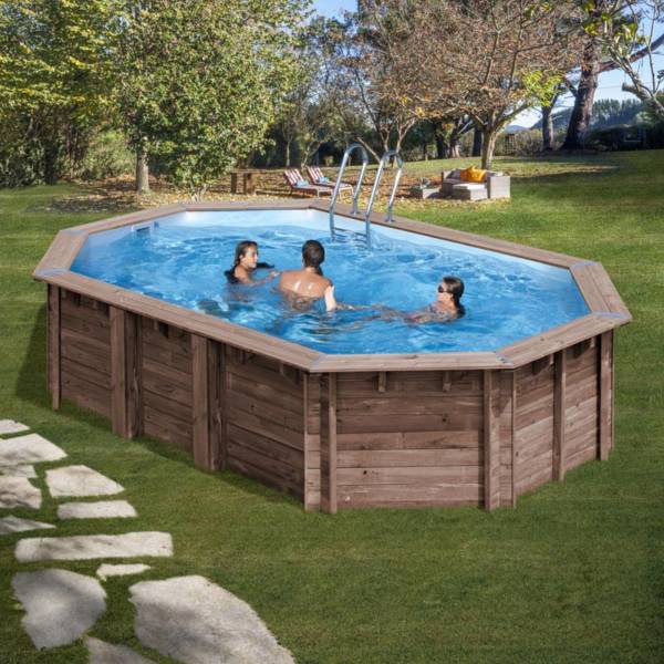 Pool Komplettset aus Echtholz Macadamia Oval 632 x 335 x 130 cm